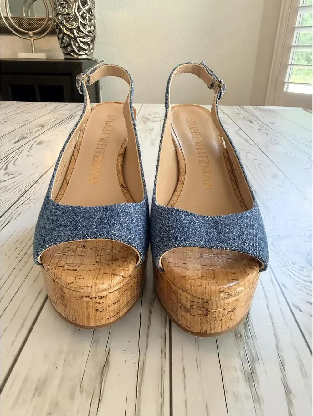 Stuart Weitzman Women's Size 6 Jean Denim Cork Wedge Peep Toe Slingback Sandals - Picture 4 of 15